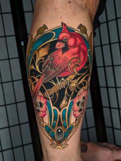Neo-traditional cardinal bird tattoo by @rocio_todisco