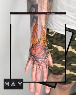 Realism flaming rose tattoo by @samclaridgetattoos