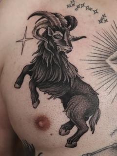 Blackwork goat tattoo by @sammylou_tattoo