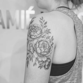 Fine line floral peonies tattoo by @sasha7tattoos