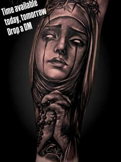 Realism crying nun tattoo by @khantat2