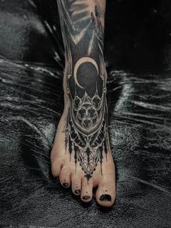 Gothic blackwork gothic ornamental moon tattoo by @sherree_lionheart_tattoos
