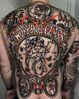 Neo-traditional working class justice tattoo by @siggytattoo