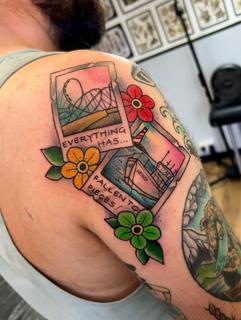Traditional polaroid collage tattoo by @sjlant