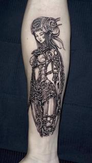 Illustrative blackwork cybernetic woman tattoo by @slimmoxmooreblackwork
