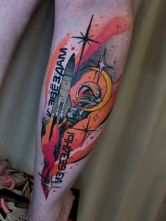 Illustrative cosmic rocket astronaut tattoo by @amok893
