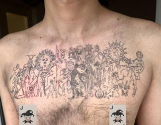 Fine line abstract figures tattoo by @pcpigeon