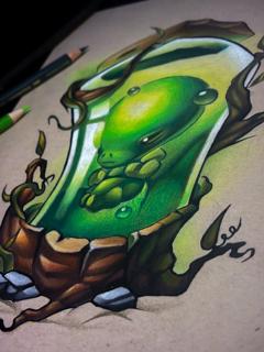 Illustrative frog in jar tattoo by @stelios.linas