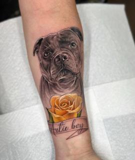 Realism dog portrait tattoo by @stephanie_melbourne