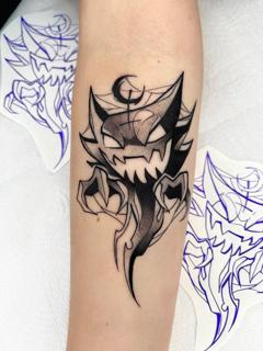 Illustrative blackwork demonic cat character tattoo by @summerboreal