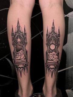 Gothic blackwork gothic celestial arch tattoo by @goretattoos
