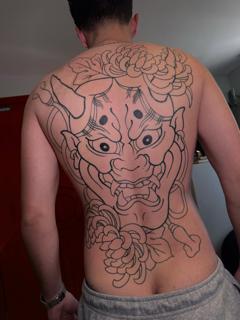 Japanese traditional hannya mask flowers tattoo by @broy_tattooer