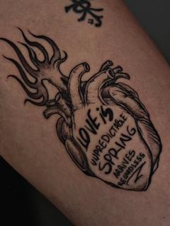 Blackwork flaming heart tattoo by @inkeepertattooathens