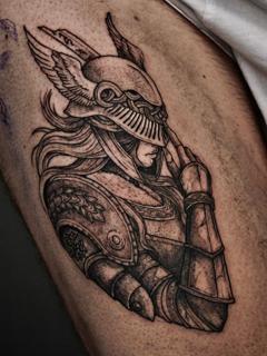 Blackwork valkyrie warrior tattoo by @inkeepertattooathens