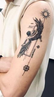 Fine line winged figure tattoo by @vanillaflows