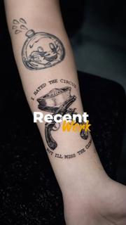 Illustrative circus theme tattoo by @vanya.tattoo