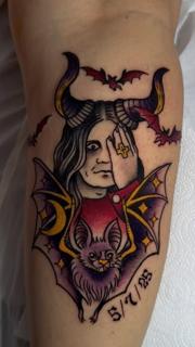 Traditional horned woman and bat tattoo by @vasso_lowbrow