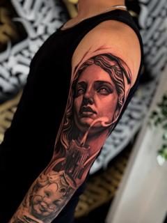 Realism gothic woman candle tattoo by @inkbyroer