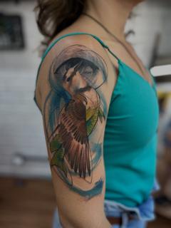 Illustrative bird fish hybrid tattoo by @skazxim