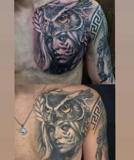 Realism owl woman tattoo by @vividinkbirmingham