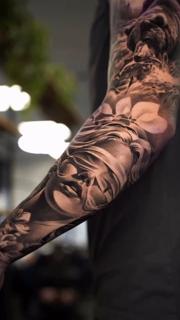 Realism blindfolded woman bear tattoo by @wilkendorftattoo