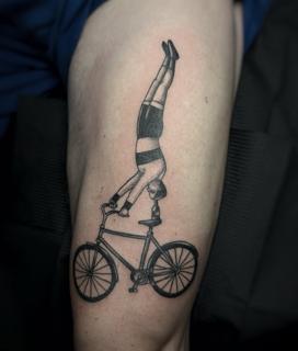 Illustrative handstand cyclist tattoo by @elpincheloco