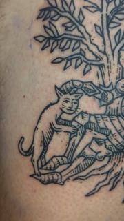 Linework cat and tree tattoo by @art.of.gold