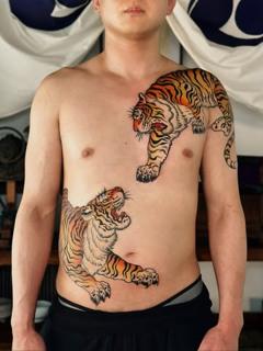 Japanese tiger duo tattoo by @horiyotatt