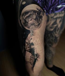 Realism astronaut chimpanzee tattoo by @yolandaorlandi