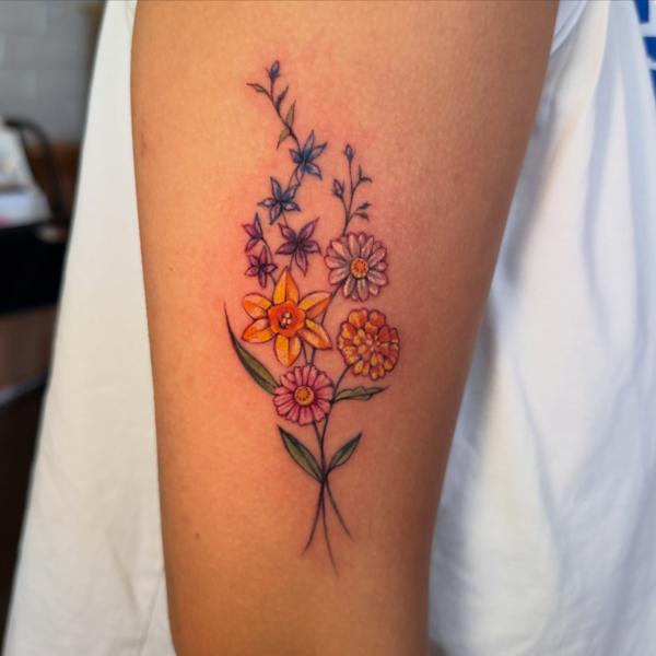 Fine Line floral bouquet tattoo by @__aleksav