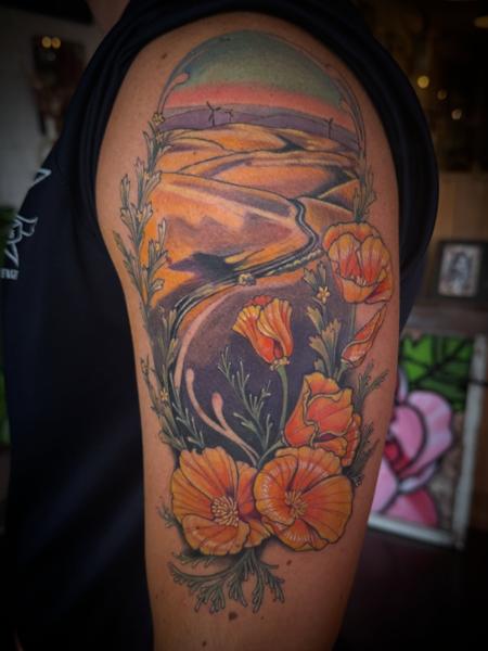 Illustrative landscape poppies tattoo by @__aleksav