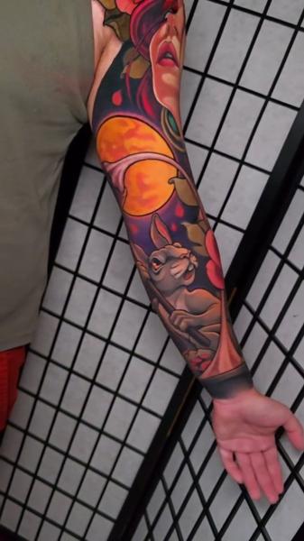 New School rabbit and woman tattoo by @_hamiltontattoo