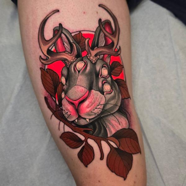 Illustrative antlered rabbit tattoo by @_hamiltontattoo