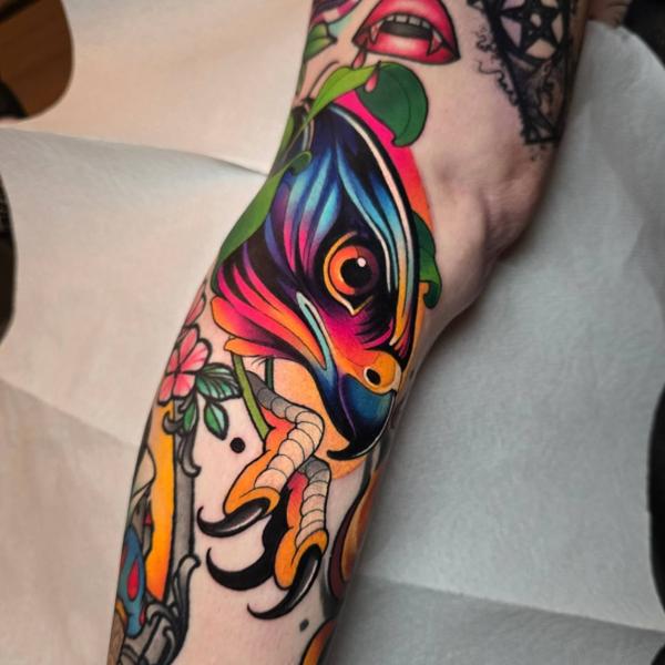 New School colorful bird tattoo by @_hamiltontattoo