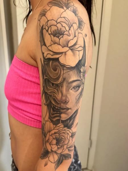 Black And Grey Realism floral mask tattoo by @_lashawnrose