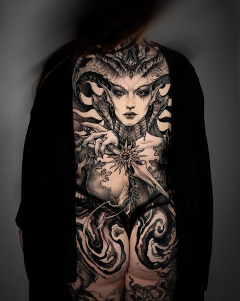 Realism demonic figure tattoo by @_laurafey_
