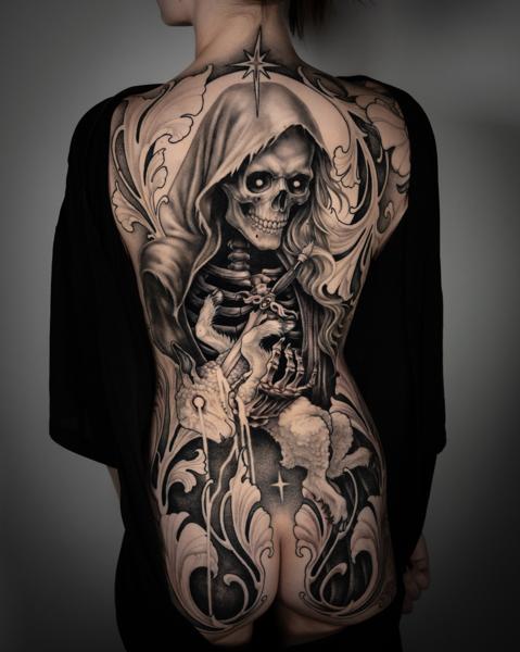 Realism grim reaper tattoo by @_laurafey_