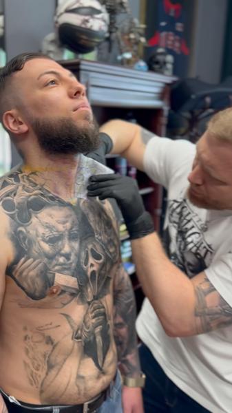 Realism horror portrait tattoo by @a_dem_tattooartist
