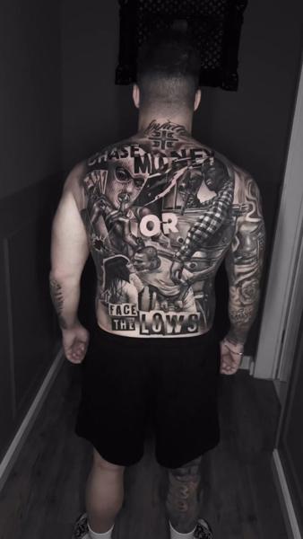Realism collage backpiece tattoo by @a_dem_tattooartist