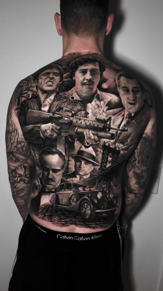 Realism gangster collage tattoo by @a_dem_tattooartist