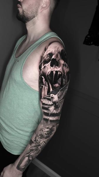 Realism skull and dove tattoo by @a_dem_tattooartist