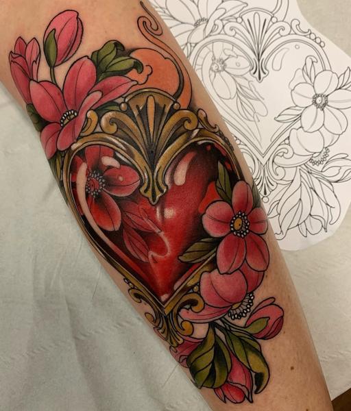 Neo-traditional ornate heart locket tattoo by @adear_tattoo