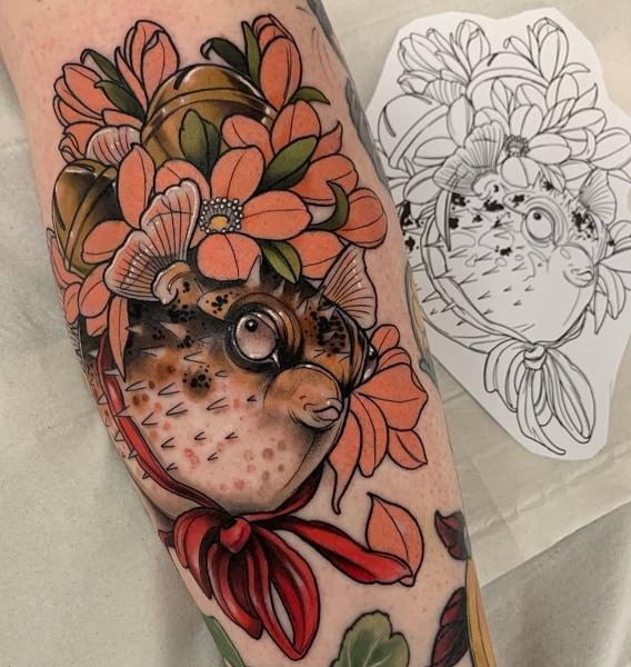 Neo-traditional floral pufferfish tattoo by @adear_tattoo