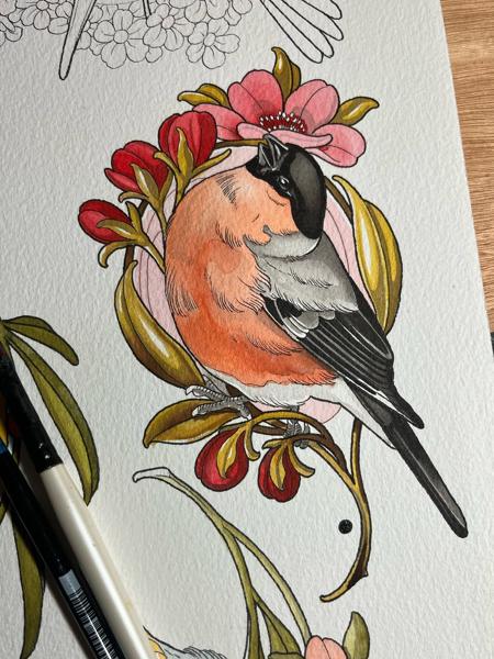 Neo-traditional floral bird tattoo by @adear_tattoo
