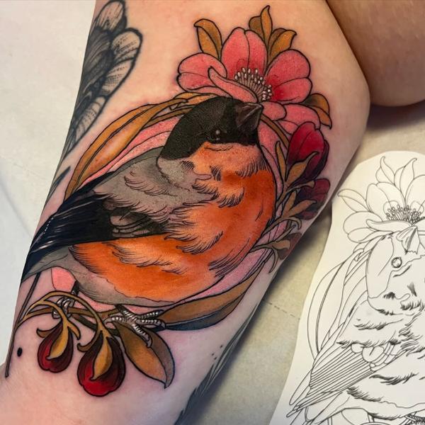Neo-traditional bullfinch and flowers tattoo by @adear_tattoo