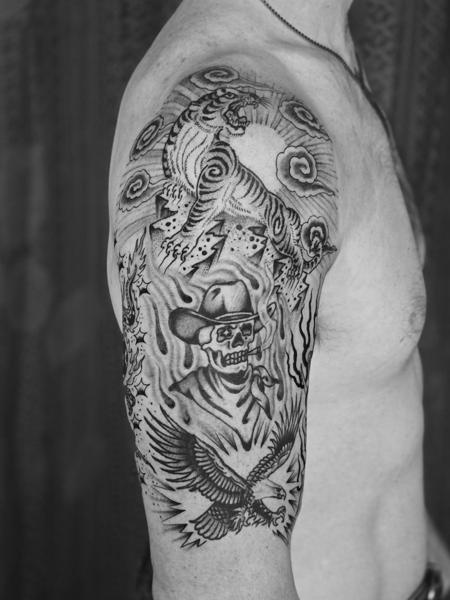 Traditional tiger and skull tattoo by @aarondor