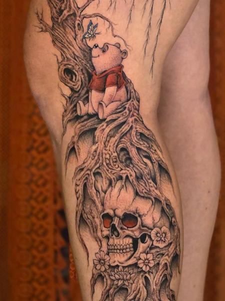 Realism bear and skull tattoo by @aarondor