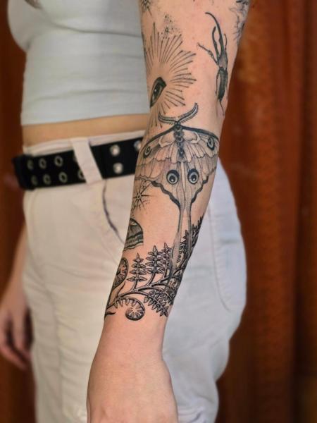 Fine Line moth and foliage tattoo by @aarondor