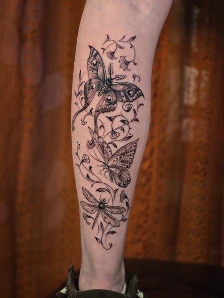 Fine Line butterflies and dragonfly tattoo by @aarondor