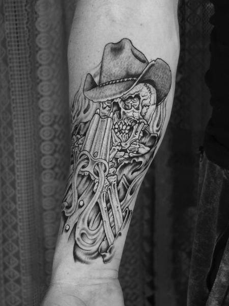 Blackwork cowboy skull tattoo by @aarondor
